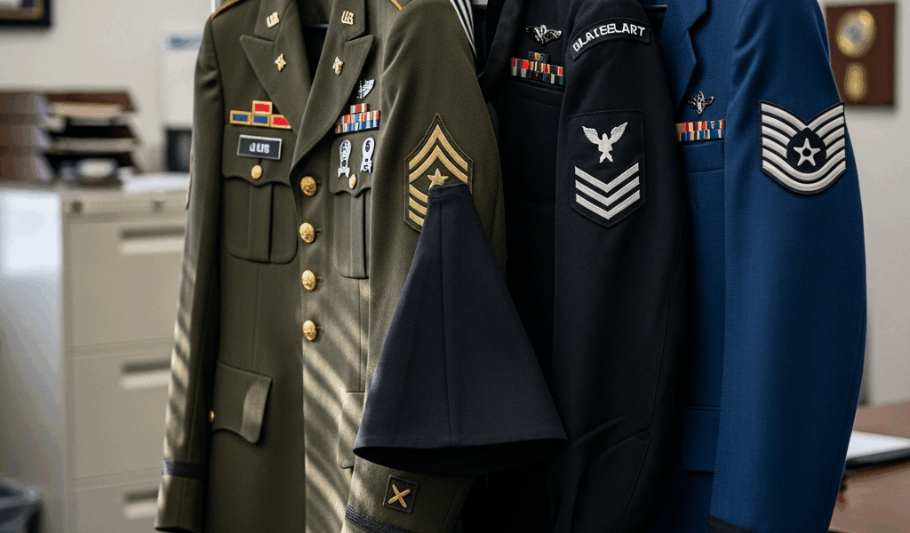 different us military branch uniforms hung on a rack showing 20260331 095451