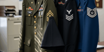 different us military branch uniforms hung on a rack showing 20260331 095451
