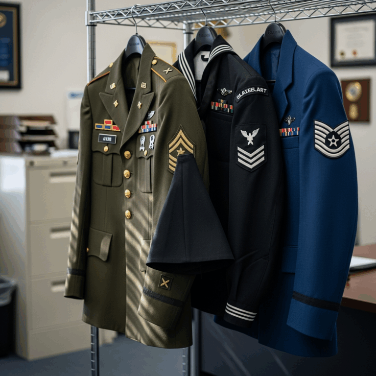 different us military branch uniforms hung on a rack showing 20260331 095451